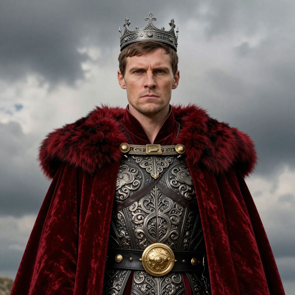 Medieval King in Regal Armor and Crown with Red Velvet Cloak