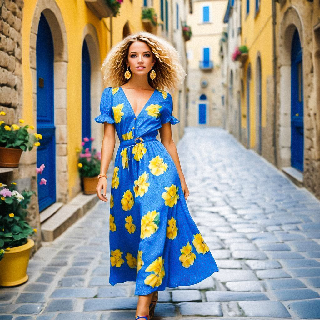 Woman in Blue Dress on Cobblestone Street with Flowers