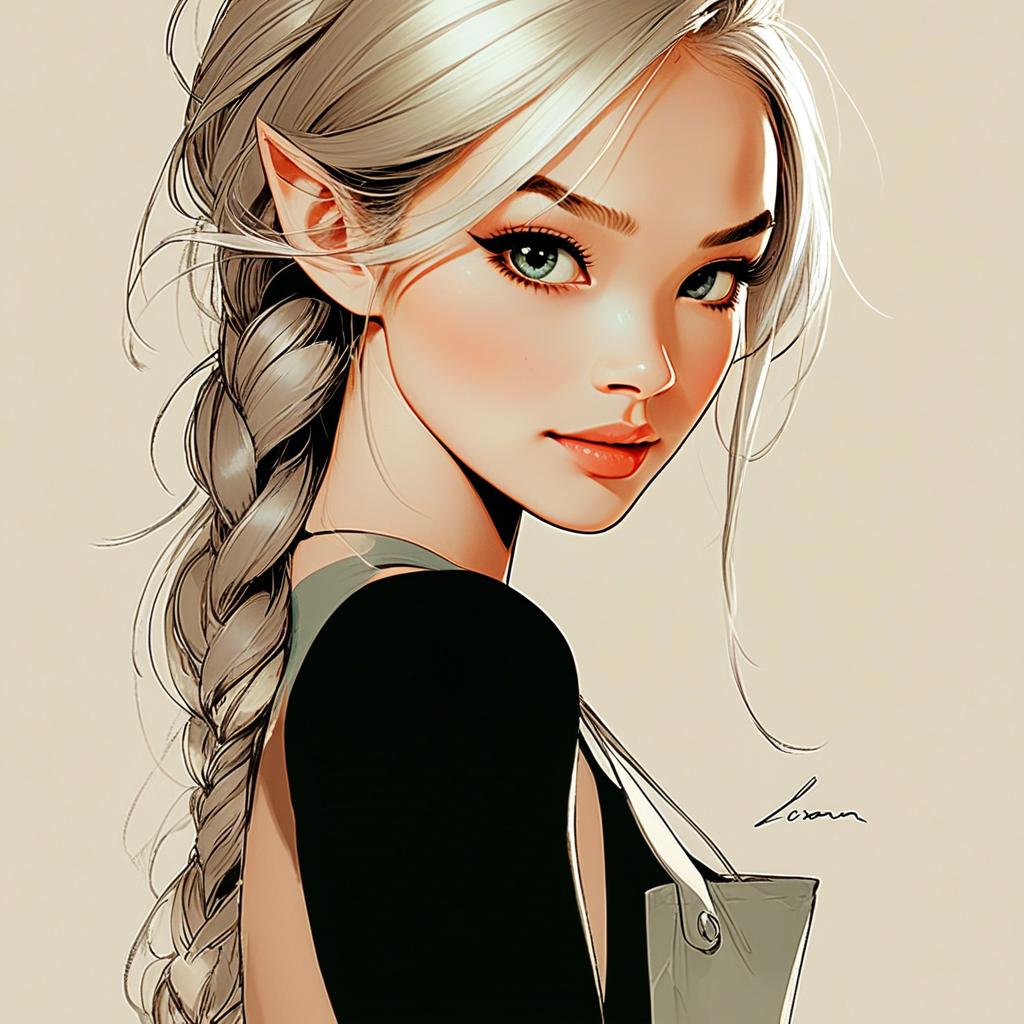 Digital Illustration of a Fantasy Woman with Braided Hair and Elven Ears