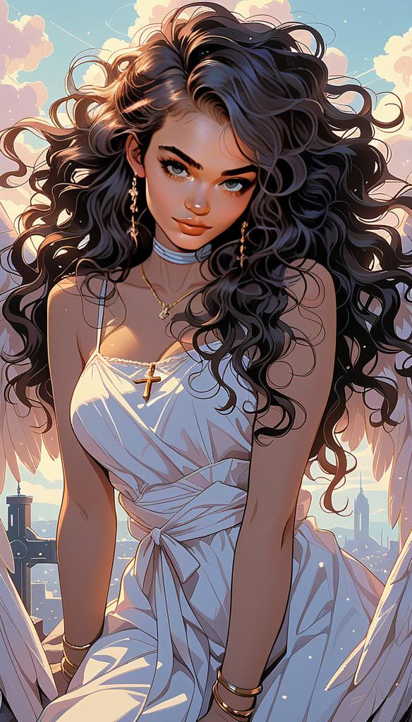 Ethereal Woman in White Attire with Curly Hair