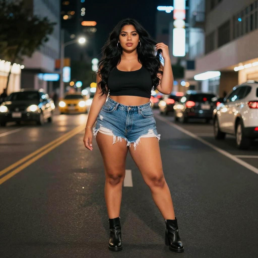 Young Woman in Stylish Casual Outfit Standing on City Street at Night