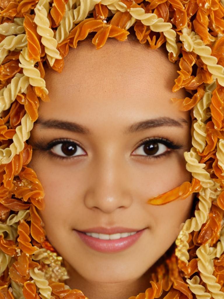 Woman's Face Surrounded by Orange and White Fusilli Pasta