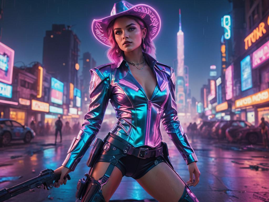 Disintegrating Synthwave Cowgirl in Neon Urban Setting