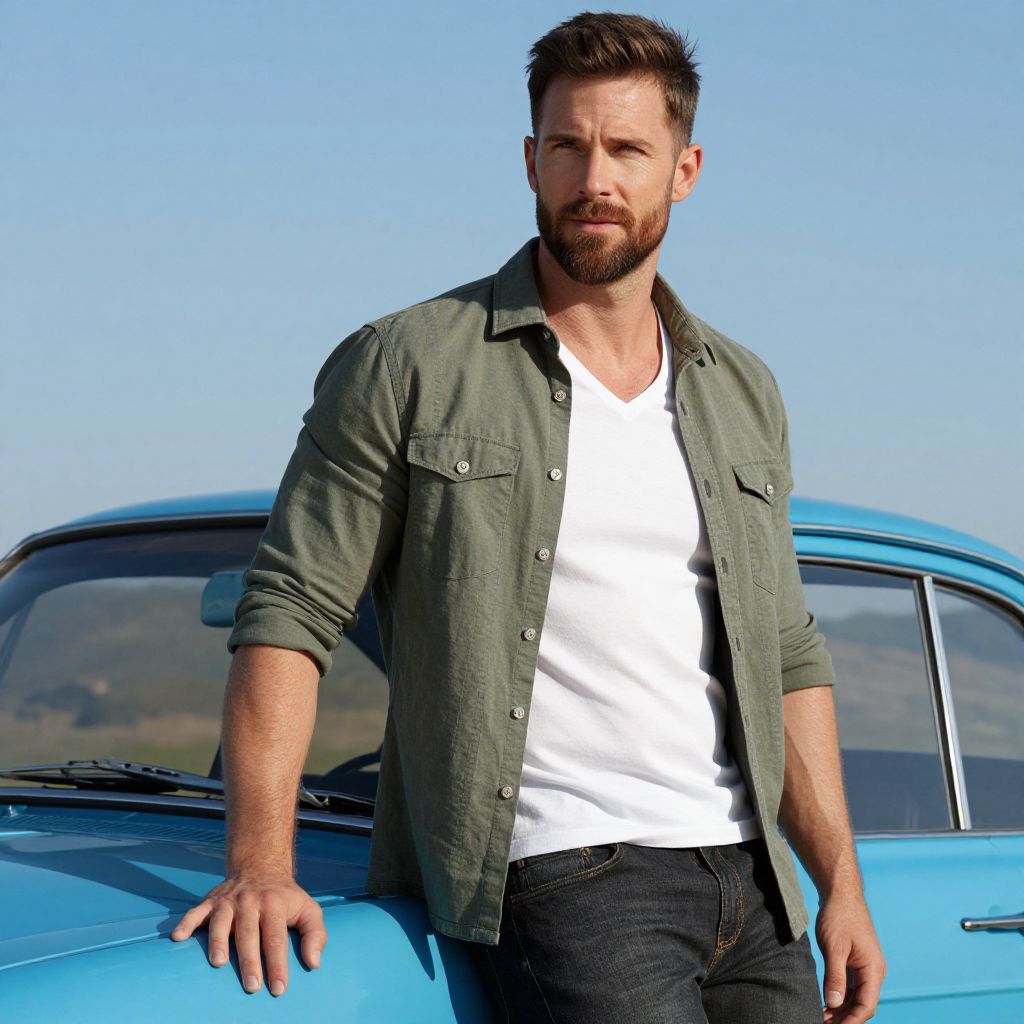 Man Leaning on Blue Vintage Car Wearing Casual Olive Shirt and White T-Shirt