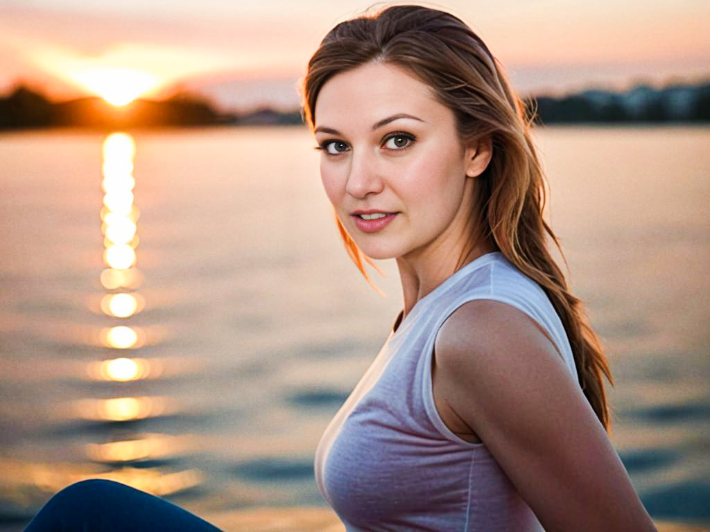 Serene Woman by Water at Sunset