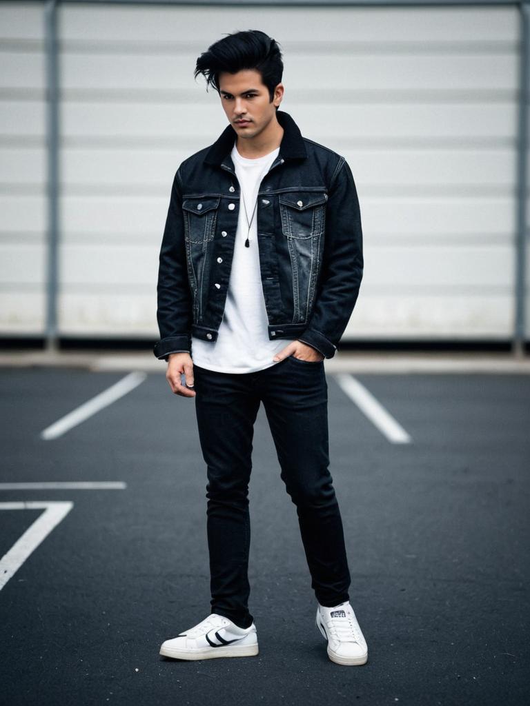 Trendy Young Man in Casual Streetwear Denim Jacket and Sneakers