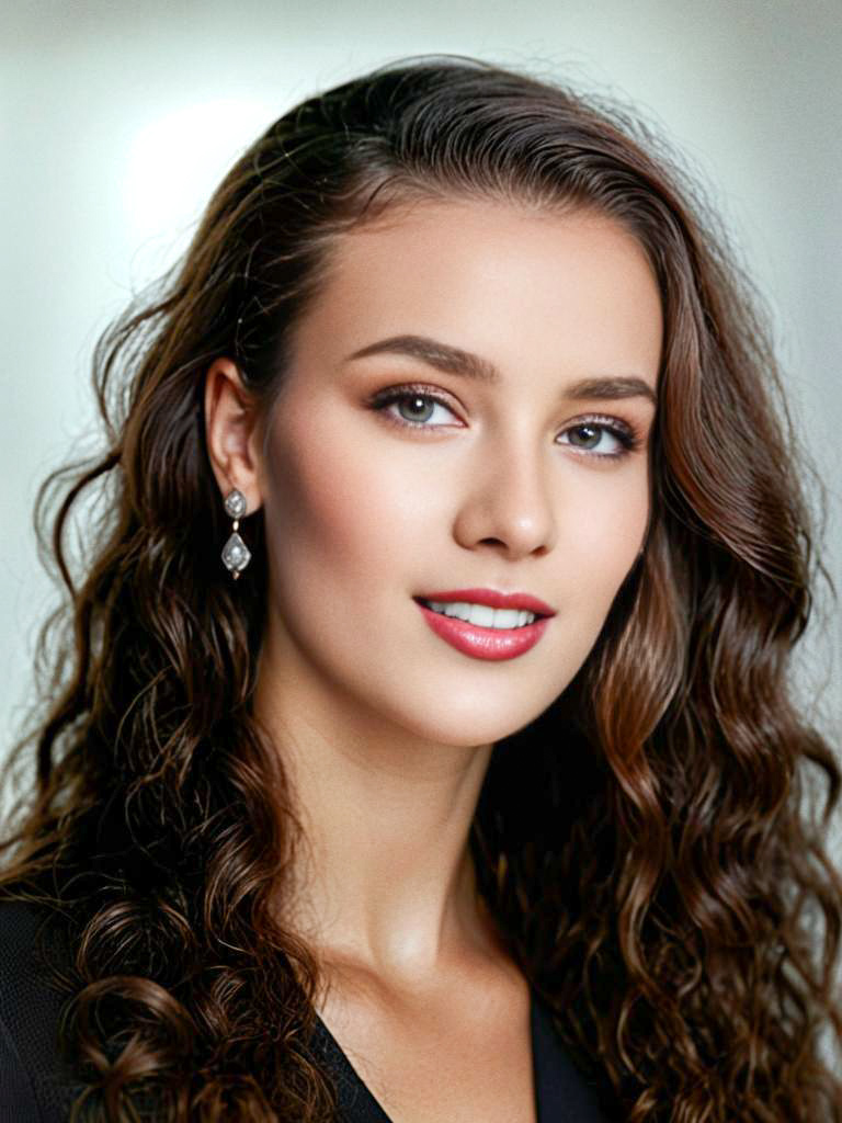 Elegant portrait of a woman with curly hair and hazel eyes