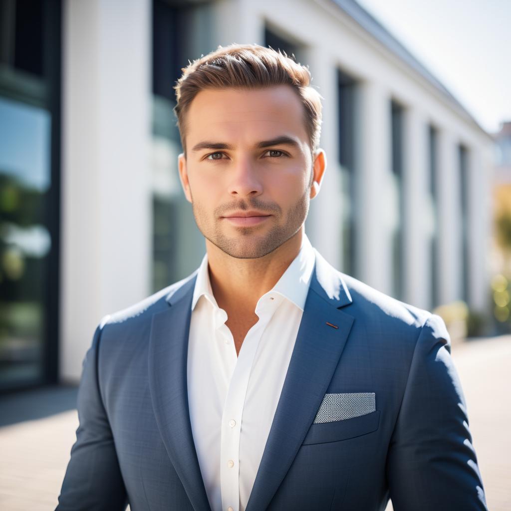 Confident Man in Blue Suit in Urban Setting