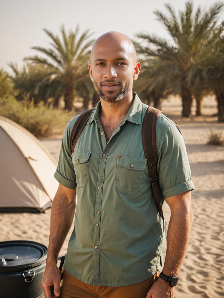 Man with Backpack in Serene Desert Landscape