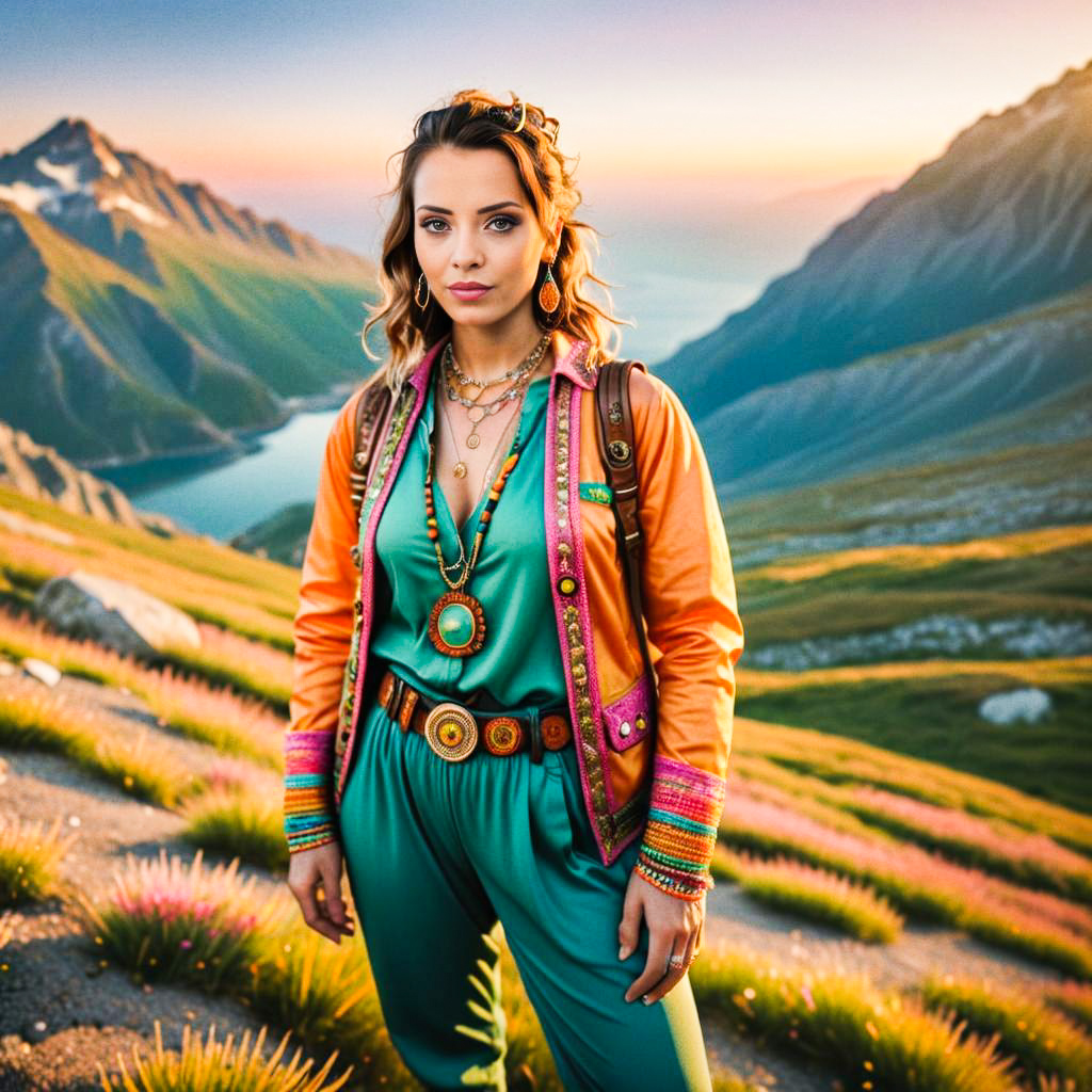 Stylish Woman in Vibrant Outfit at Sunset in Mountains