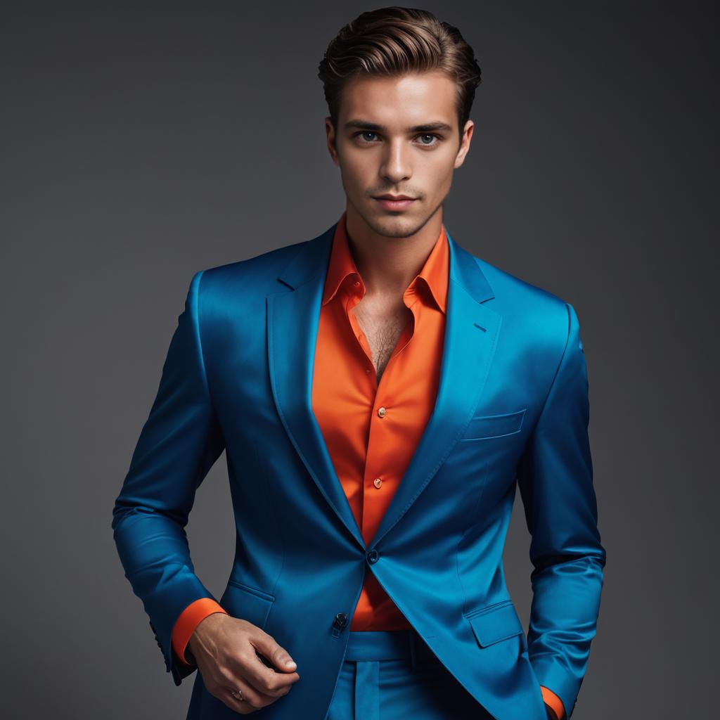 Confident Man in Blue Suit and Orange Shirt