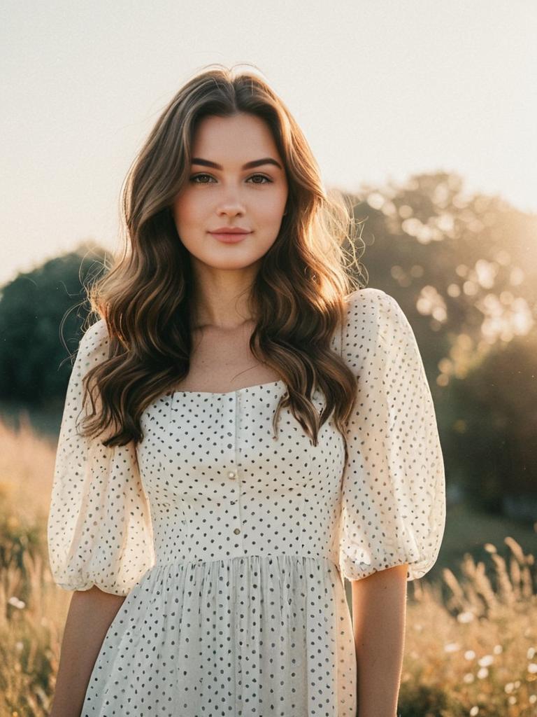 Young Woman in Polka Dot Dress Outdoors Golden Hour Portrait