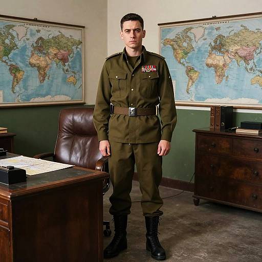 Young Man in Vintage Military Uniform Standing in Study Room with World Maps