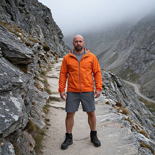 Man in Orange Jacket Hiking on Rocky Mountain Trail