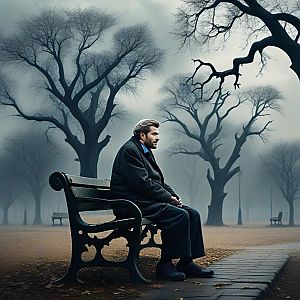 Contemplative Man on Park Bench in Misty Atmosphere