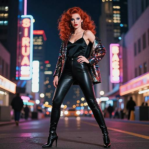 Fashionable Red-Haired Woman in Black Leather Pants and Sequin Jacket at Night City Street