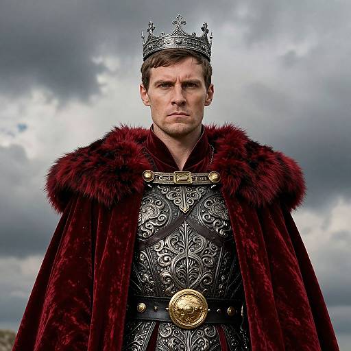 Medieval King in Regal Armor and Crown with Red Velvet Cloak