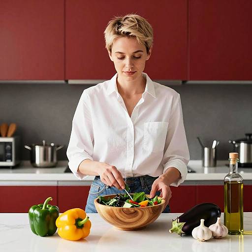Young Woman Preparing Fresh Salad in Modern Kitchen with Colorful Vegetables