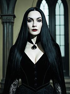 Woman in Morticia Addams Costume Cosplay Gothic Style