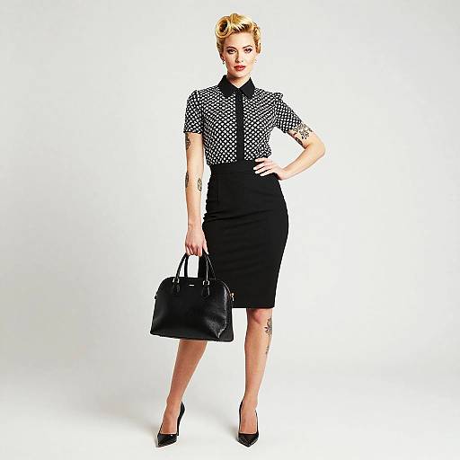 Elegant Woman in Black and White Vintage Style Outfit with Handbag