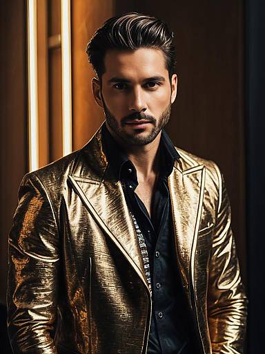 Man in Modern Fashion Metallic Gold Blazer at Fashion Event