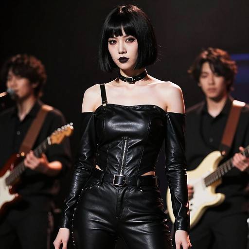 Gothic Woman Performing on Stage with Guitarists in Black Leather Outfit