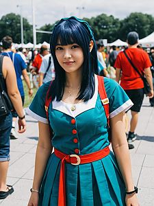 Woman in Mia Cosplay Costume at Outdoor Cosplay Festival in Daylight