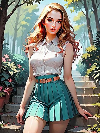 Realistic Digital Illustration of Woman in Pleated Skirt Outdoors Comic Style