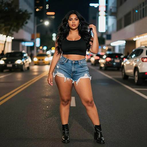 Young Woman in Stylish Casual Outfit Standing on City Street at Night
