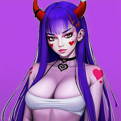 Anime Woman with Purple Hair and Red Demon Horns Digital Art