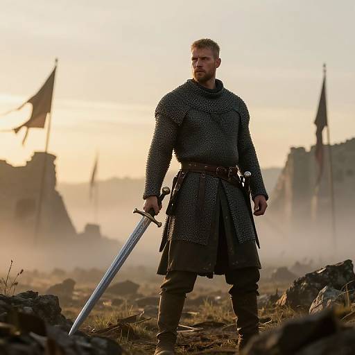 Medieval Knight in Chainmail Holding Sword on Misty Battlefield