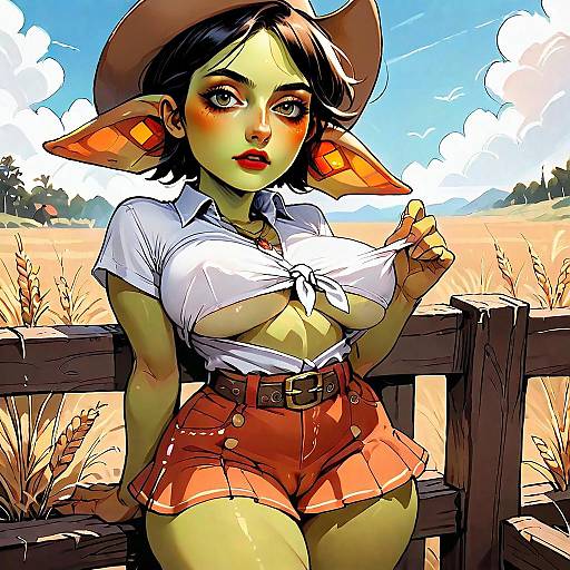 Stylized Woman in Orange Shorts and White Shirt in Wheat Field Digital Art