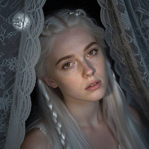 Portrait of Woman with Platinum Blonde Braided Hair Behind Lace Curtains