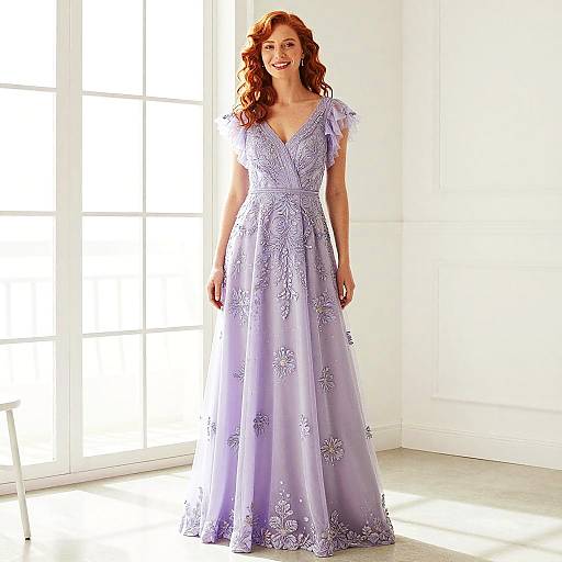 Elegant Lavender Evening Gown with Floral Embroidery on Woman
