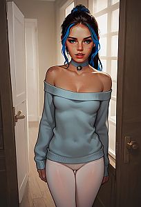 Young Woman with Blue Streaks in Hair in Softly Lit Hallway