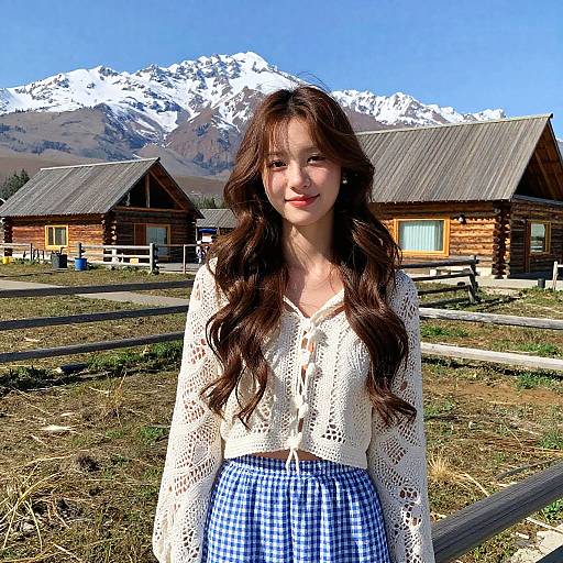 Young Woman in Gen Z Style Outfit with Mountain Cabin Background