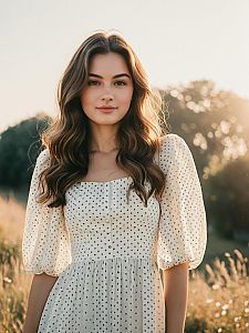 Young Woman in Polka Dot Dress Outdoors Golden Hour Portrait
