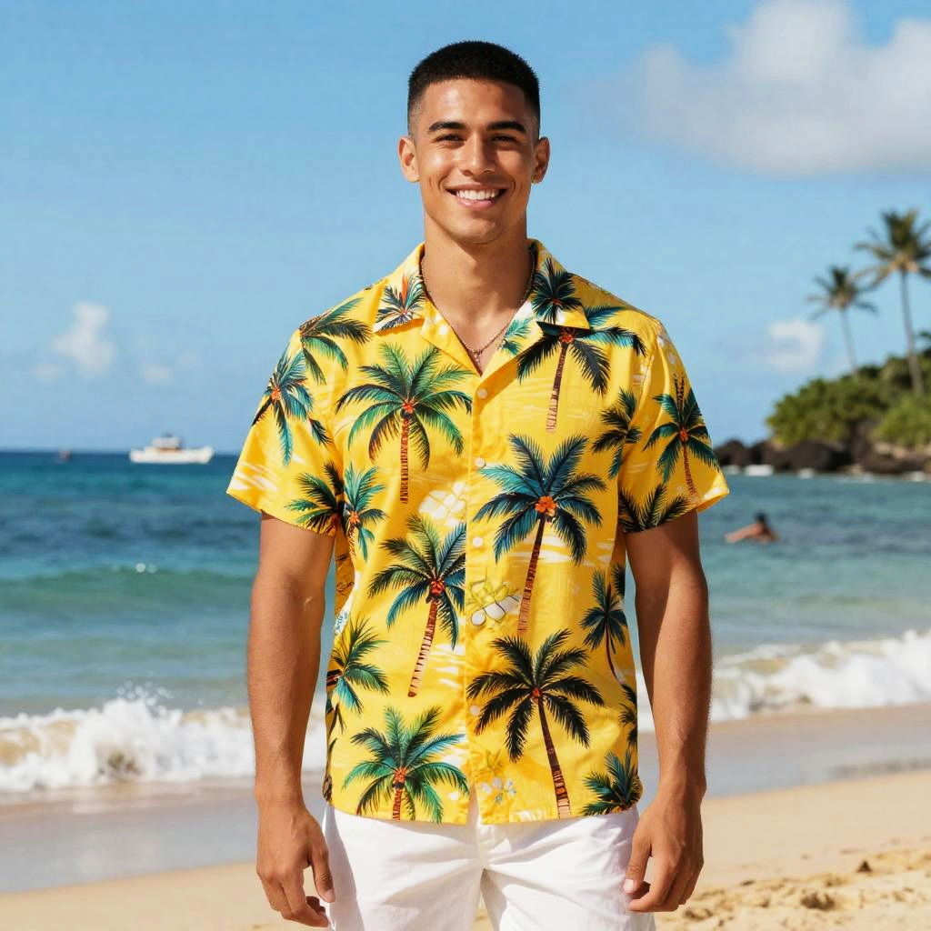 Young Man Wearing Yellow Palm Tree Hawaiian Shirt on Sunny Beach