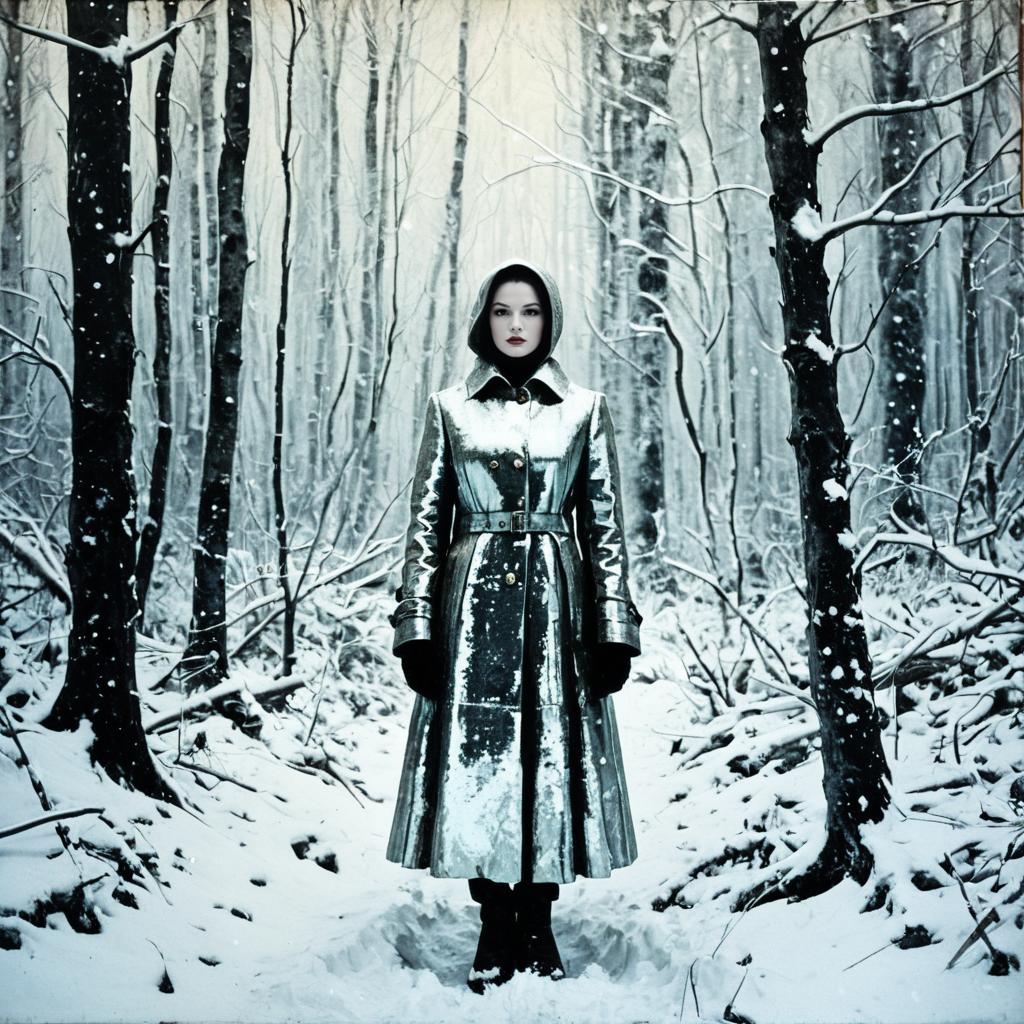 Woman in Metallic Trench Coat Standing in Snowy Forest