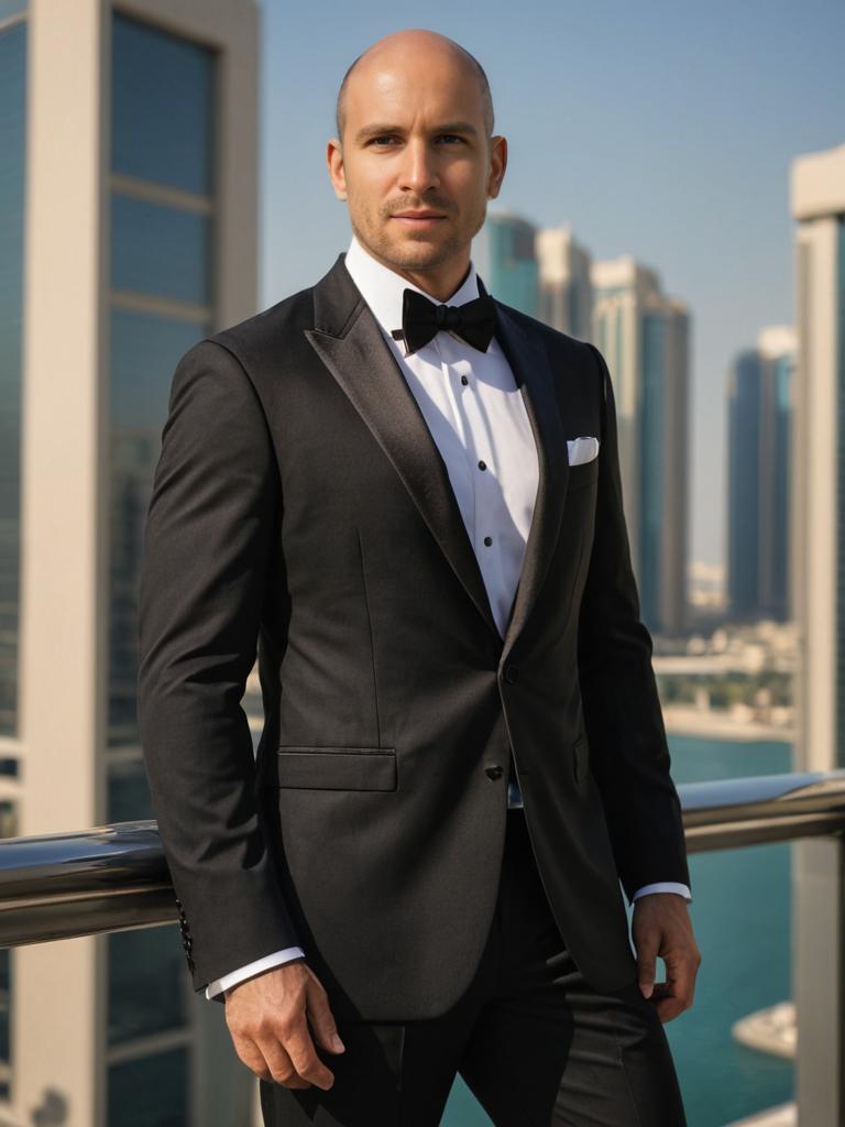 Man in Black Tuxedo on City Balcony