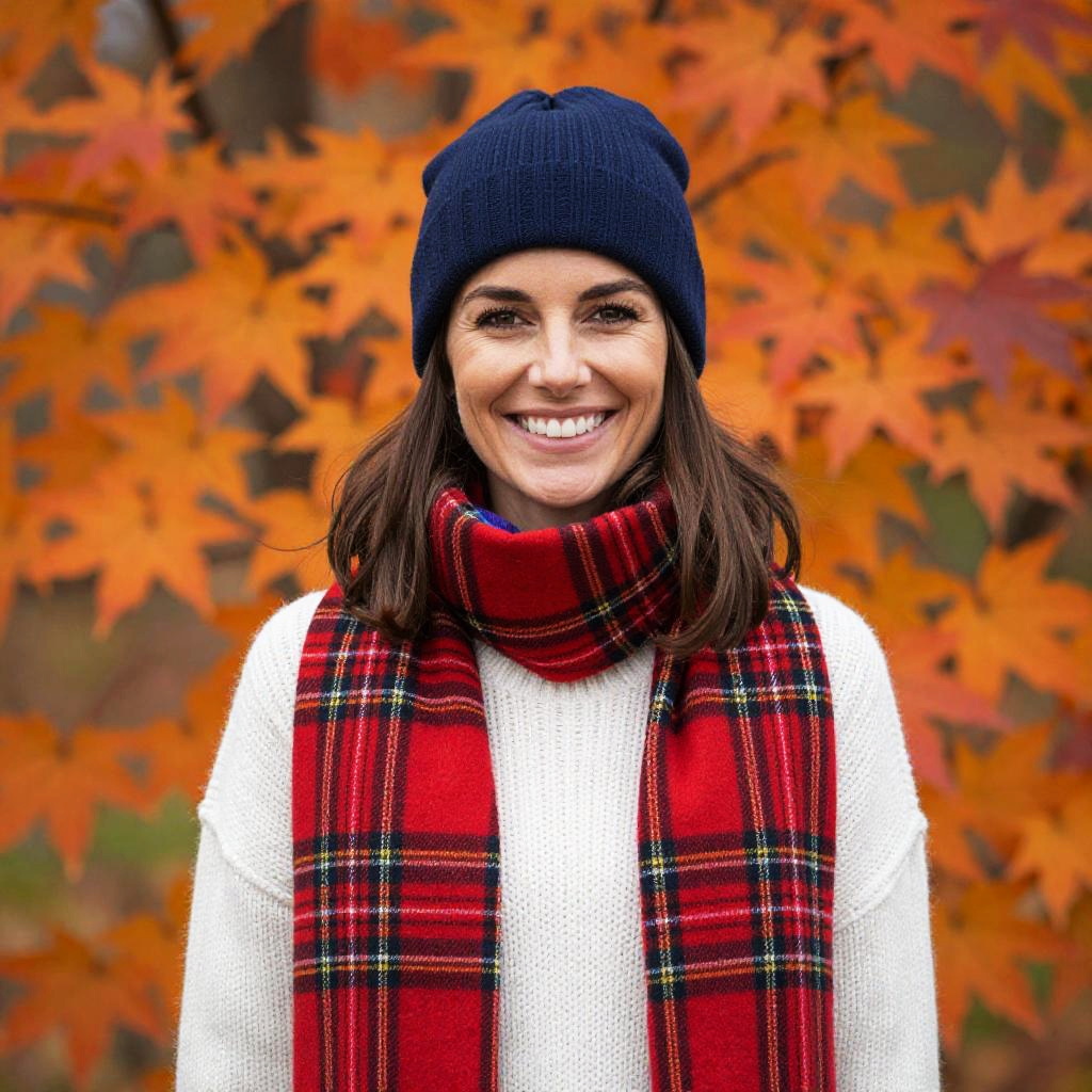 Young Woman Wearing Red Plaid Scarf and Navy Beanie in Autumn Leaves