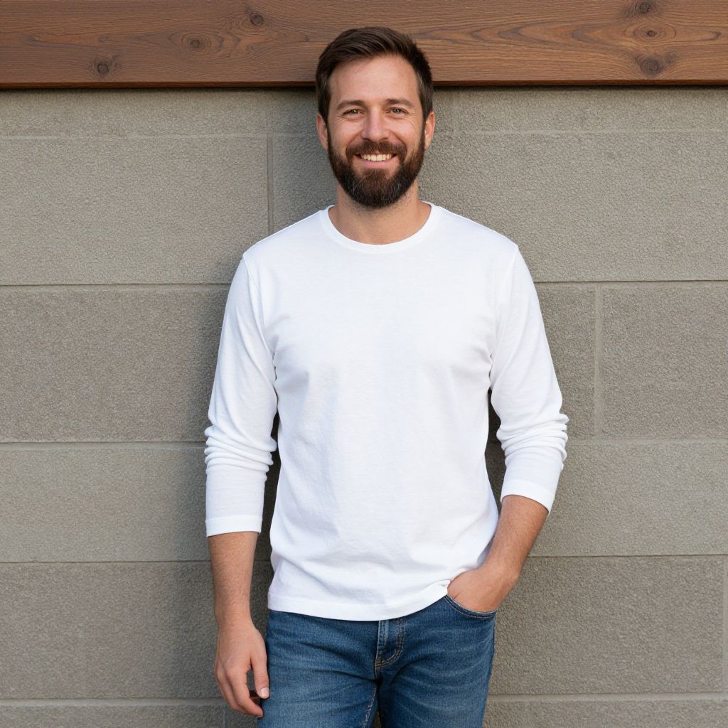 Smiling Man in White Long Sleeve Shirt and Jeans Against Gray Wall
