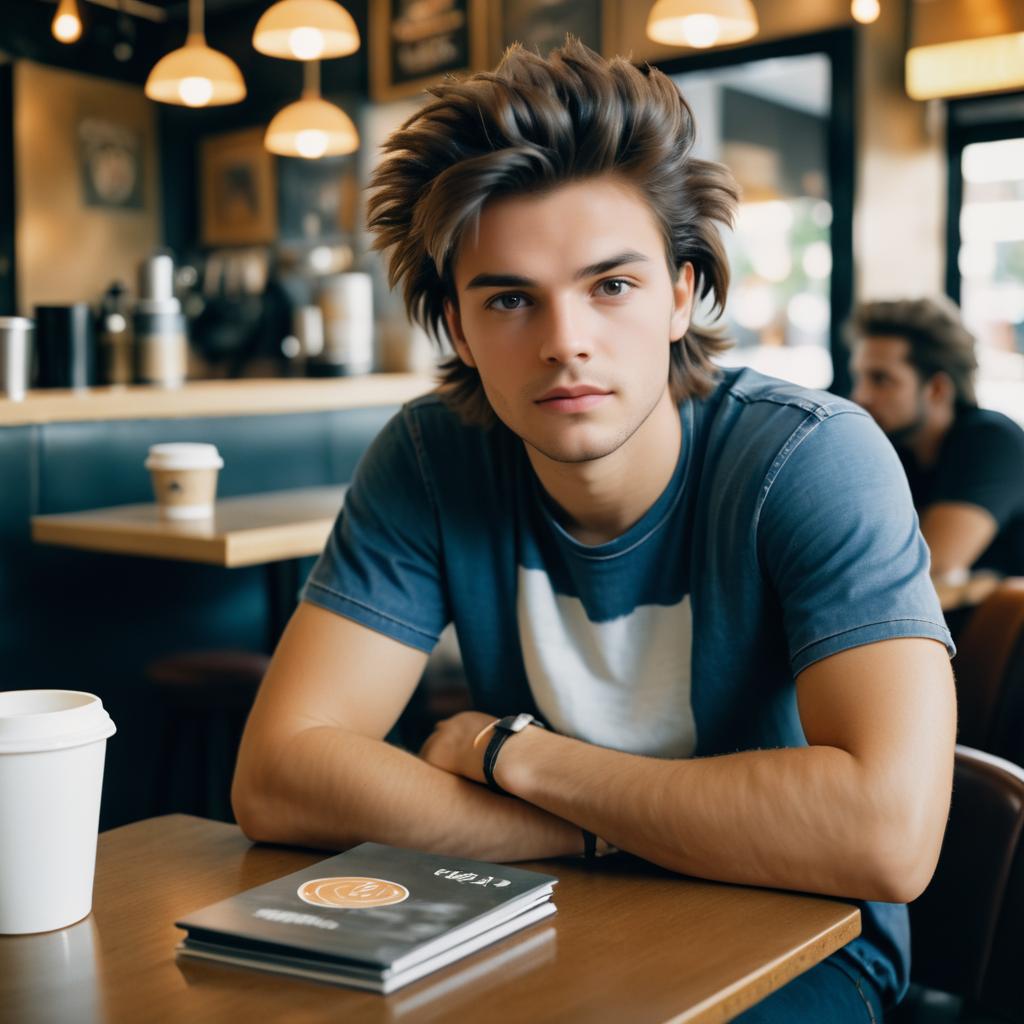 Stylish Young Man at Café with Coffee and Magazines