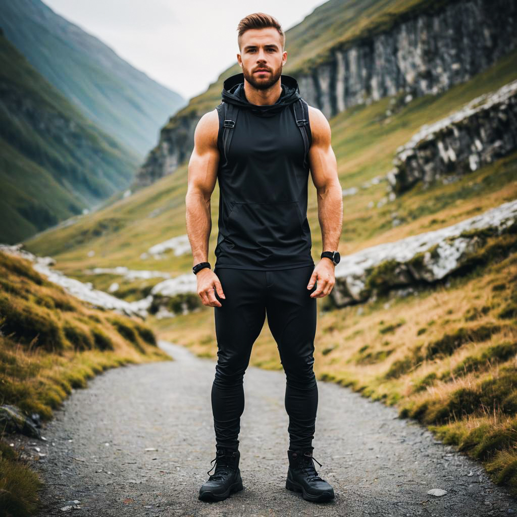 Confident Muscular Man in Mountain Scenery