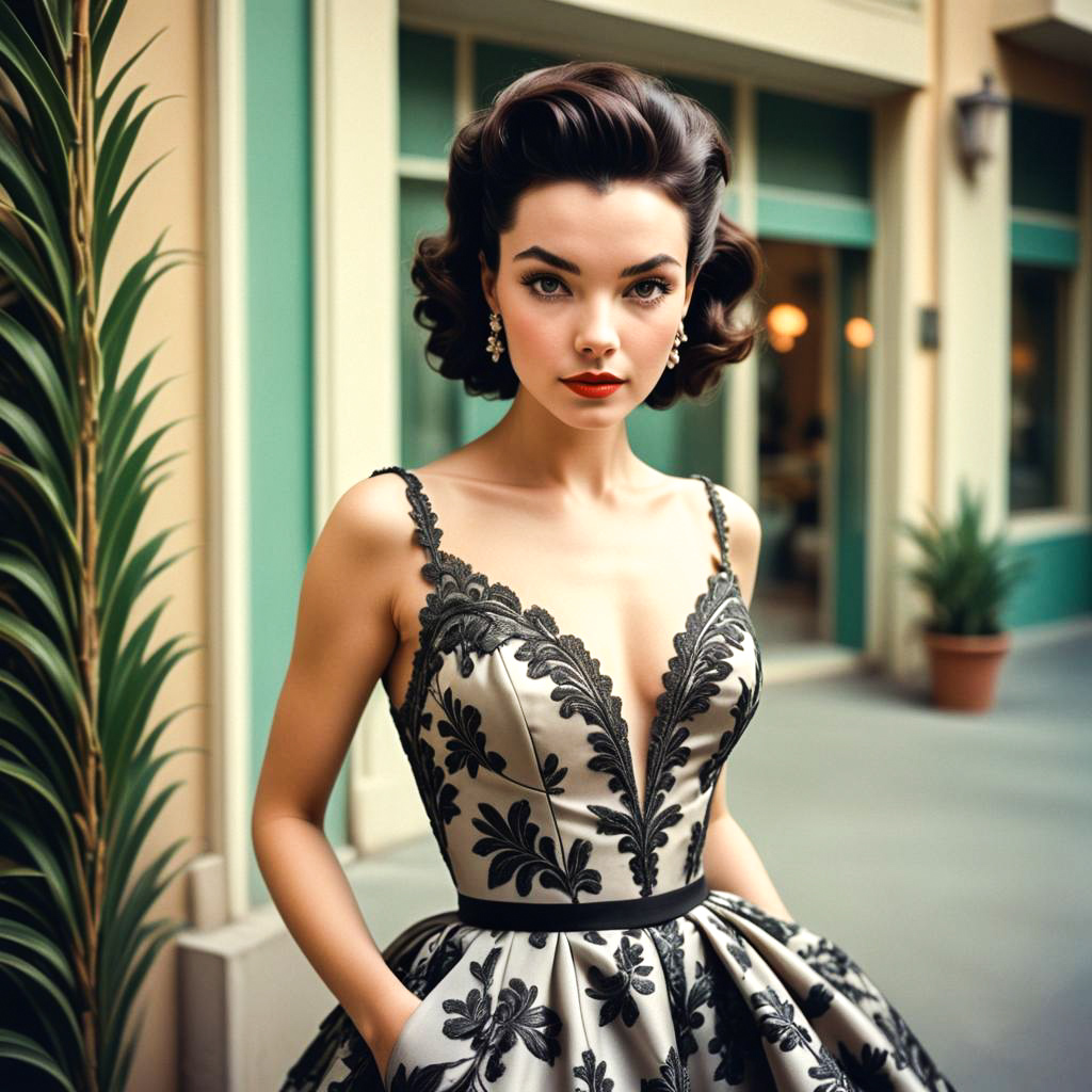 Glamorous Woman in Vintage Floral Dress