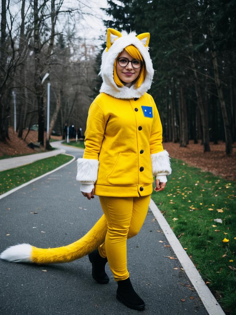 Woman in Yellow Fox Costume with Fluffy Hood and Tail Outdoors