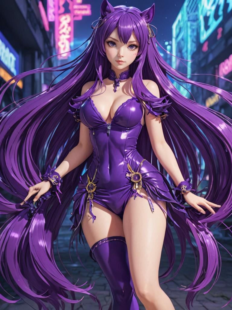 Anime Character with Purple Hair and Neon Backdrop