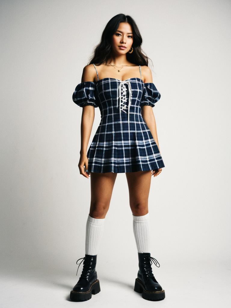 Woman in Contemporary Street Style Blue Plaid Strapless Mini Dress