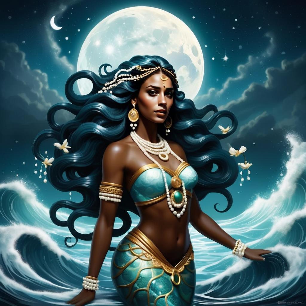 Regal Woman with Dark Hair and Pearl Jewelry Against Full Moon Regal Woman with Dark Hair and Pearl Jewelry Against Full Moon