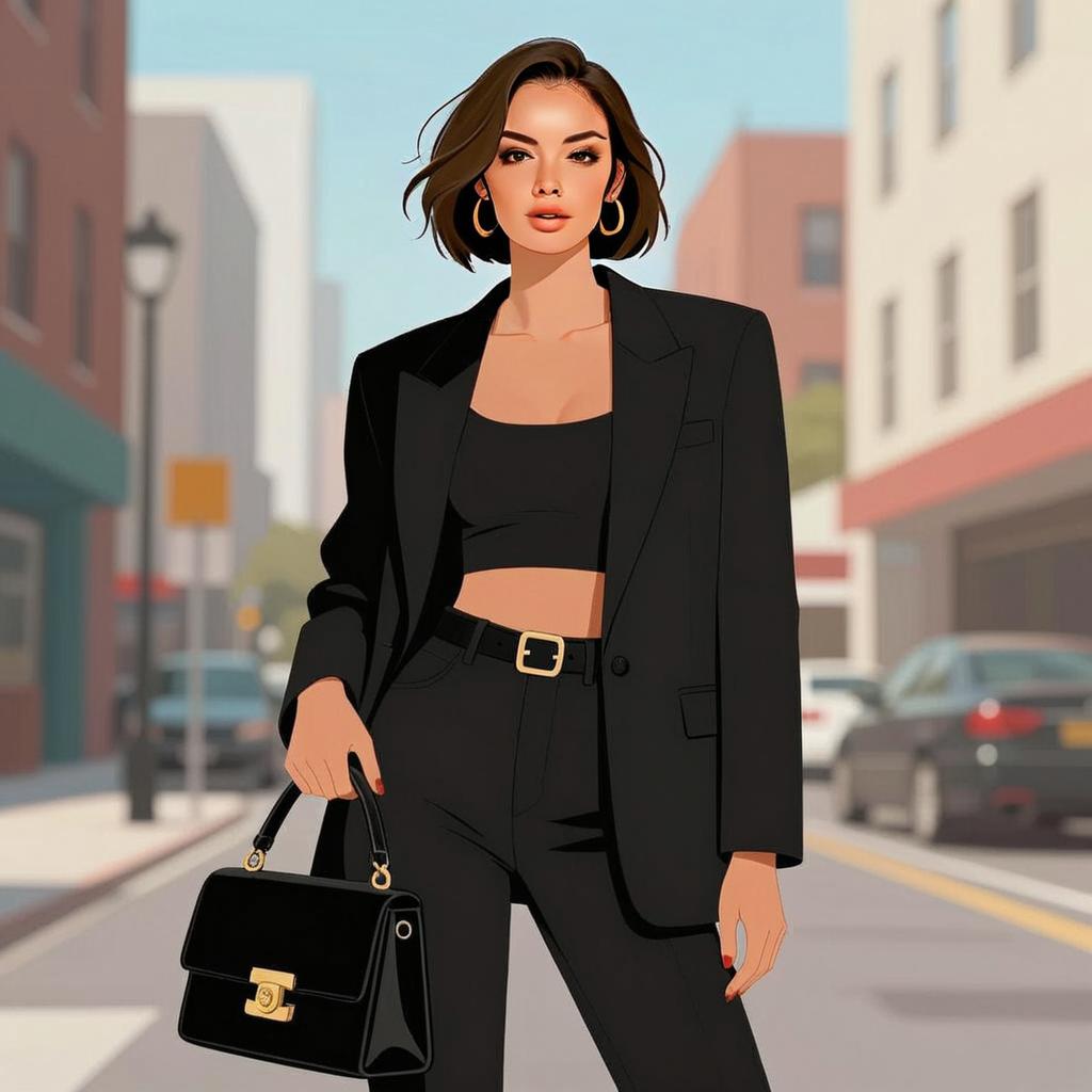 Stylish Woman in Black Urban Outfit Walking on City Street Digital Illustration